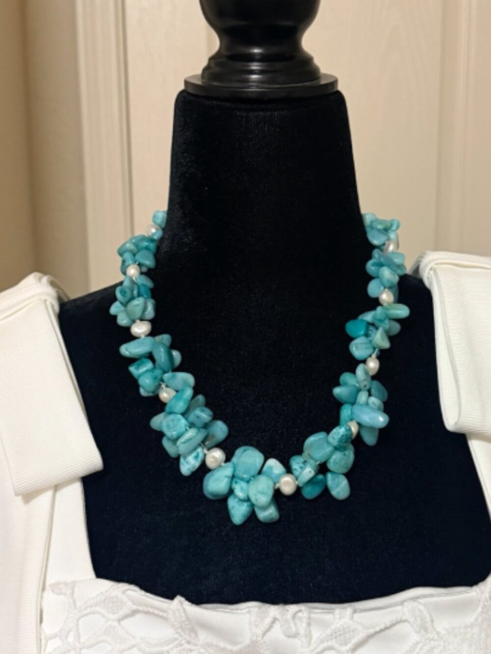 Turquoise-Color Stone & Freshwater Pearl Adjustable Statement Necklace